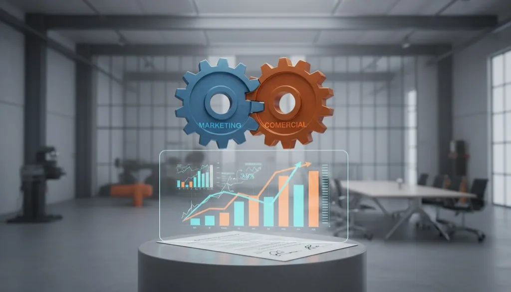Duas peças de engrenagem (azul e laranja) se encaixando perfeitamente sobre gráficos de vendas, simbolizando a união de Marketing e Comercial.