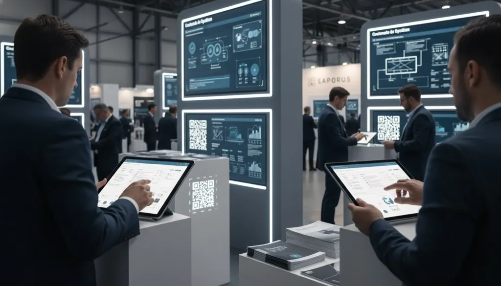 Estande de feira industrial com expositores digitais, QR codes em destaque e visitantes interagindo com catálogos técnicos em tablets.