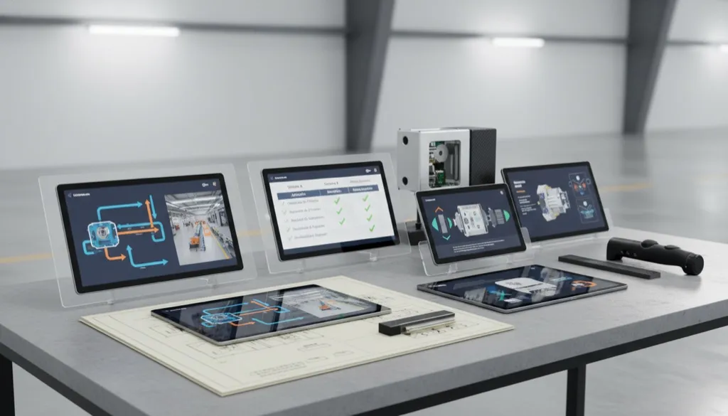 Composição de materiais técnicos: um tablet com projeto 3D, uma ficha técnica impressa e uma tabela comparativa de performance industrial.
