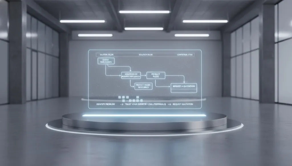 Wireframe de site B2B moderno mostrando fluxo de navegação otimizado, partindo da dor do cliente até o formulário de contato.