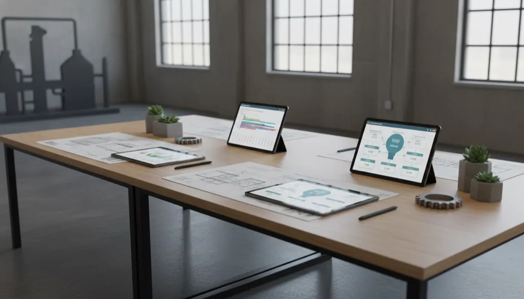 Mesa de estratégia com plantas industriais, tablets com gráficos de Gantt e cronograma de execução de marketing.