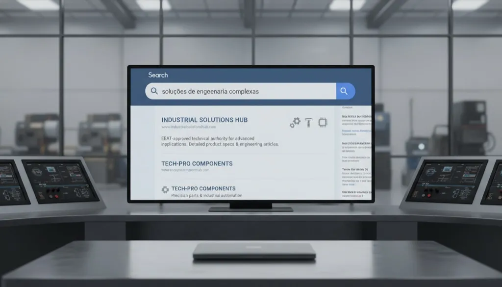 Dashboard do Google Search Console mostrando crescimento de tráfego orgânico para um site industrial, com gráficos de impressões e cliques em ascensão.