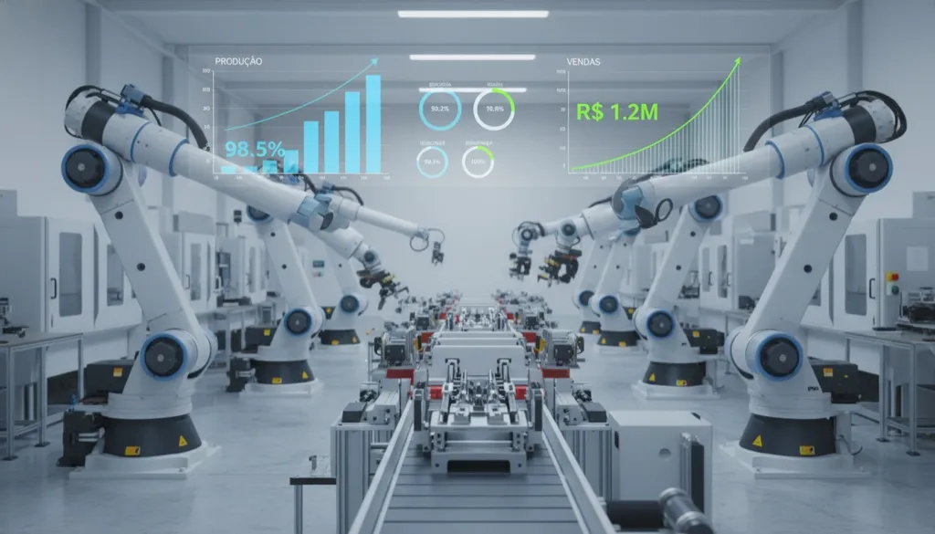 Chão de fábrica com braços robóticos em movimento e uma interface digital sobreposta mostrando KPIs de produção e vendas.