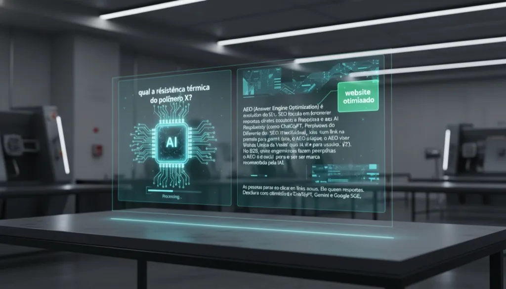 Interface futurista mostrando um chip de IA processando uma pergunta técnica e destacando a resposta correta extraída de um site otimizado.