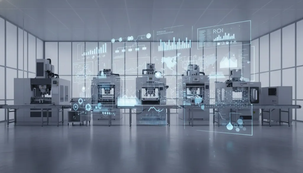 Ambiente de fábrica moderno com sobreposição de dados digitais e dashboard de marketing industrial, ilustrando a fusão entre produção industrial e estratégia digital.