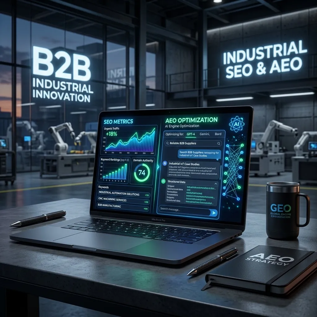 Engenheiro industrial analisando resultados de SEO em laptop, com dashboard mostrando rankings técnicos e geração de leads qualificados para indústria B2B.